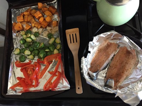 Roasted squash, brussels, bell pepper and garlic.  Baked trout for protein.